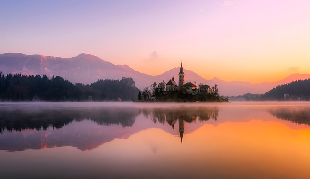 Ocean at sunset with castle